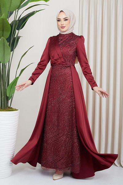 Olcay Rochie de seară Hijab din satin cu paiete si detaliu cu sclipici pe fată si Fustă pelerina Rosie Claret 1642