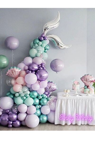 Genel Markalar Deniz Kızı Konsept Mor Lila Gümüş Metalik Balon Ve Balon Zinci...