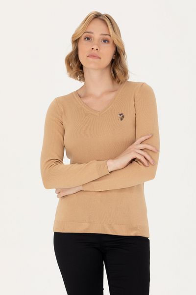 U.S. Polo Assn. Pulover de bază pentru femei Sand Melange cu decolteu în V - 50269018 -VR123