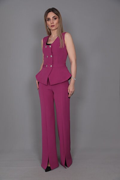 ÖNDER ÖZSOY Aller Yelek & İspanyol Yırtmaçlı Paça Pantolon Takım-Fuşya