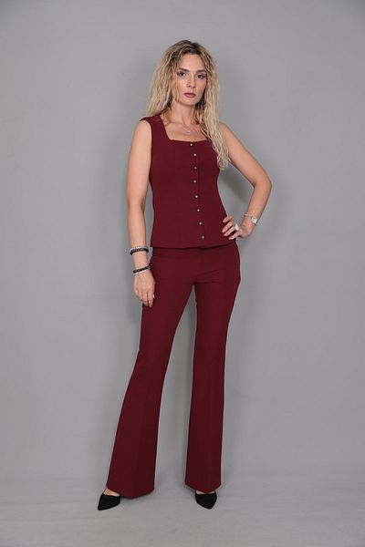 ÖNDER ÖZSOY Burgundy Vest and Flare Leg Trousers Set - Neck Buttoned