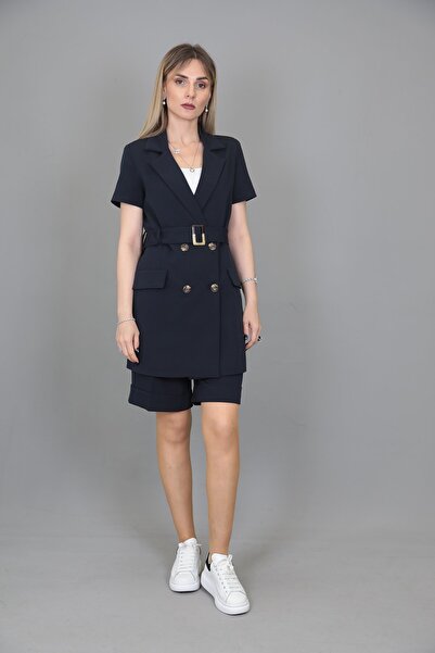 ÖNDER ÖZSOY Kuşaklı Kısa Kollu Ceket & Duble Paça Şort-Lacivert