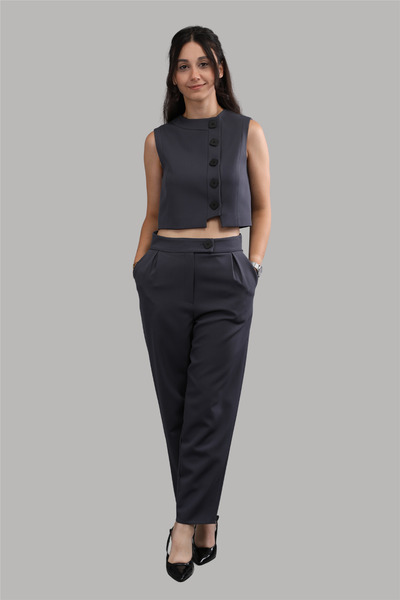 ÖNDER ÖZSOY Düğmeli Yelek Takım-Füme