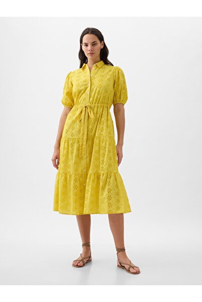 GAP Kadın Sarı Fisto İşlemeli Midi Elbise