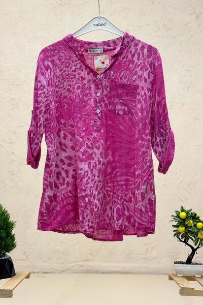 sahnemoda Leopar Desen 3 Düğme İthal Keten Gömlek
