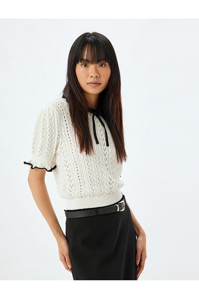 Koton Openwork Knitwear Sweater - Baby Collar, Bow, Short Sleeve and Ruffle Detail