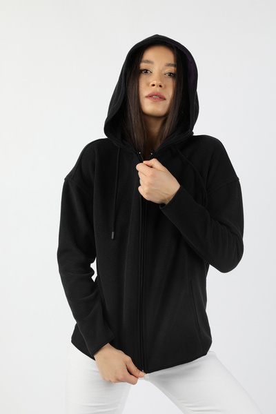 BALİNS Kadın Kapüşonlu Önü Biyeli Fleto Cepli Polar Siyah