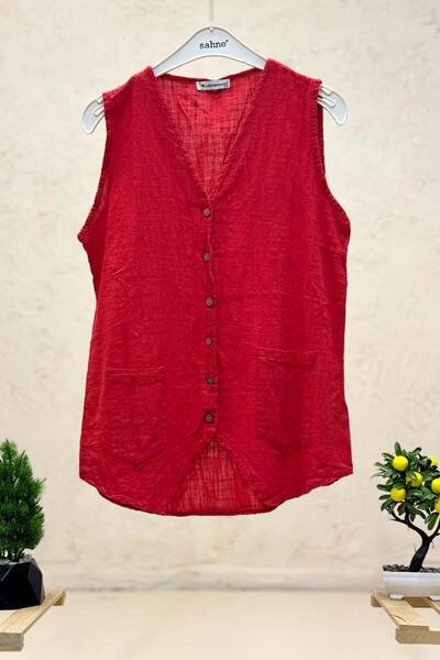 sahnemoda Linen V-Neck Vest - Buttoned Design
