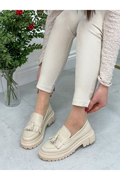ERVANIN BUTİĞİ Bej Cilt (Tassel) Püskül Detay Kadın Loafer