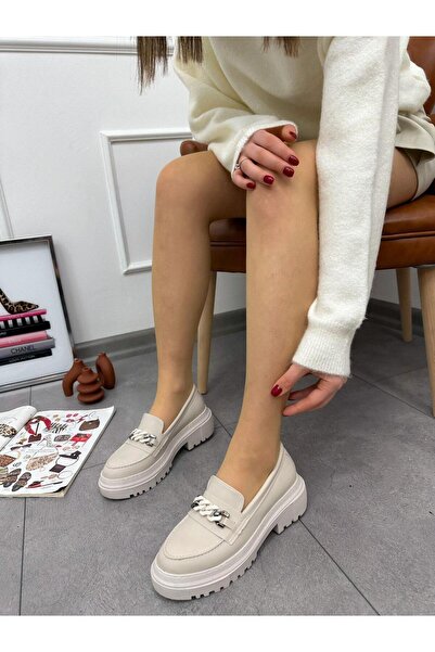 ERVANIN BUTİĞİ Bej Cilt (Giana) Zincir Detay Kadın Loafer