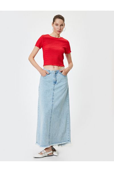 Koton Crew Neck Slim Fit Crop T-Shirt - Wrap, Short Sleeve