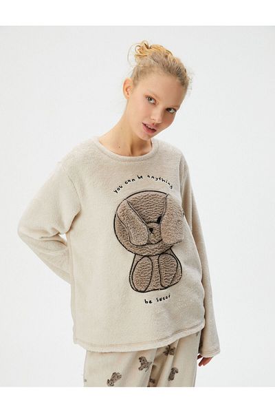 Koton Winter-Pyjama-Oberteil aus Fleece mit Teddybär-Figur und Slogan-Stickerei