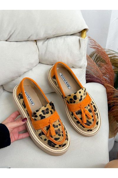 ERVANIN BUTİĞİ Orange Leopard (Line) Tassel Detail Women's Loafer
