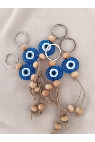 Hd Marketim 5 Pieces Transparent Blue Wooden Beaded Evil Eye Keychain - Hand Made Wicker Naza