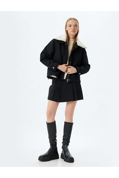 Koton Plush Collar Seasonal Jacket - Pockets and Zippered