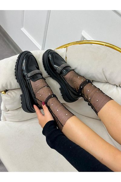 ERVANIN BUTİĞİ Black Patent Leather (Stone) Stone Detail Women's Loafer