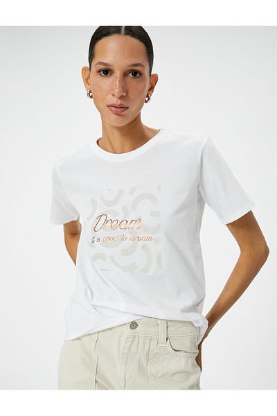 Koton Tricou din bumbac cu decolteu triplu - imprimeu cu slogan, mânecă scurtă