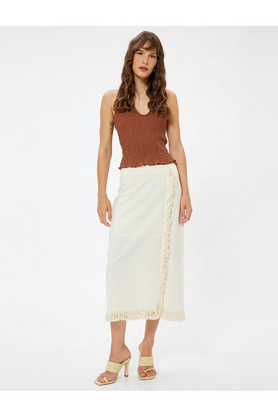 Koton Double Breasted Linen Midi Skirt - Tasseled and Lined