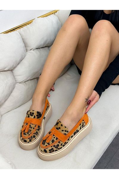 ERVANIN BUTİĞİ Orange Leopard (Line) Tassel Detail Women's Loafer