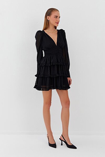 Nish&Chic Şifon Tüllü Fırfırlı Elbise