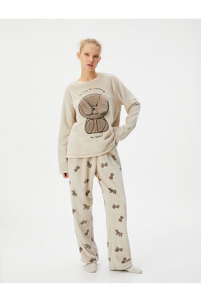 Koton Winter-Pyjama-Oberteil aus Fleece mit Teddybär-Figur und Slogan-Stickerei