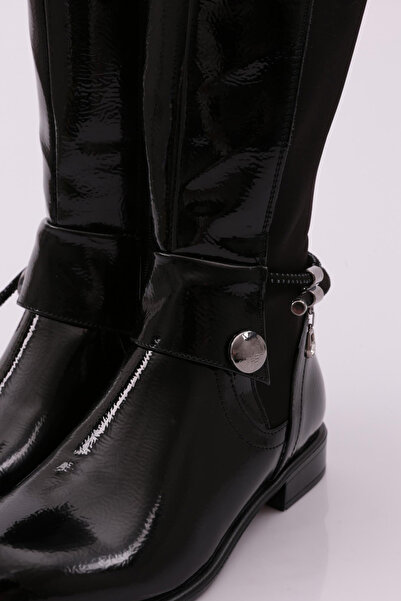 DGN Kadın Arkası Strech Yanı Fermuarlı Knee High Flats Çizme Siyah Rugan 6162668