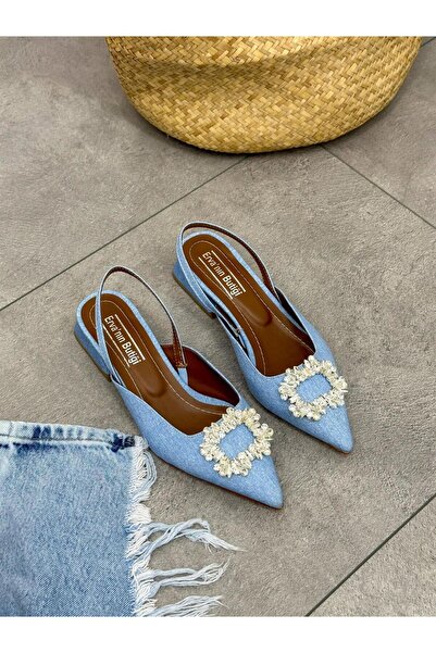 ERVANIN BUTİĞİ Açık Kot Mavi (Sasha) Taş Detay Kadın Babet