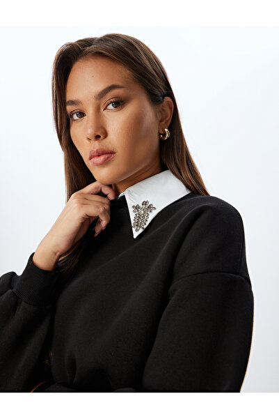 Koton Yaka Sweatshirt Uzun Kollu Üç İplik Şardonlu Taşlı Gömlek