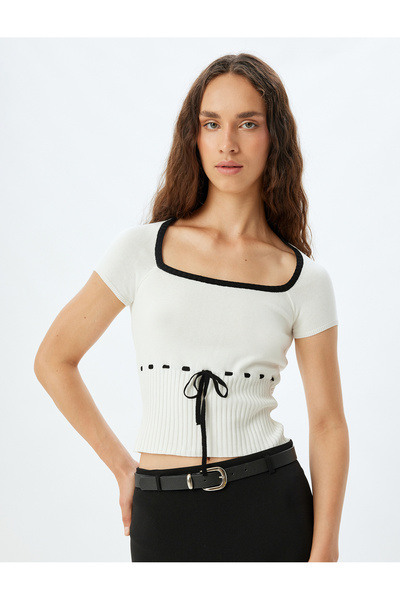 Koton Square Neck Slim Fit Crop Sweater - Short Sleeve and Bow Detail