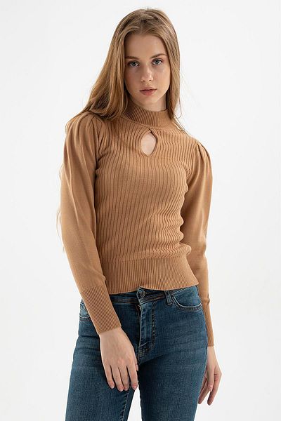 Fashion Friends Пуловер с висока талия и високи рамене, с прилепнала кройка и прозорец, KAZ