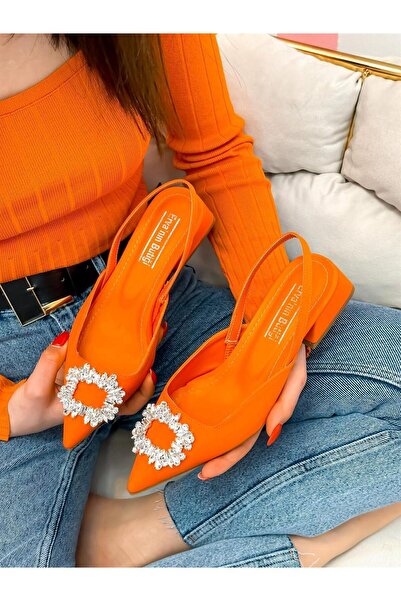 ERVANIN BUTİĞİ Turuncu Saten (Sasha) Taş Detay Kadın Babet