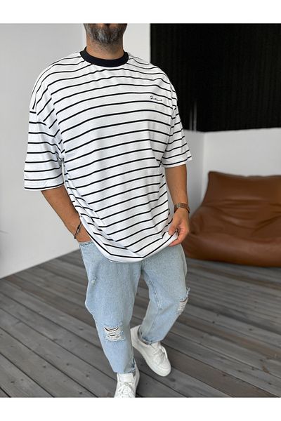BYBASICMAN White Text Embroidered Striped T-Shirt Pm-133