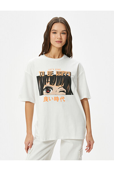 Koton T-Shirt anime πίσω και μπροστά με στάμπα με κοντό μανίκι Crew λαιμόκοψη άνετα βαμβακερά