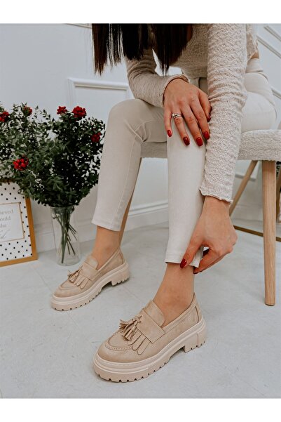 ERVANIN BUTİĞİ Bej Süet (Tassel) Püskül Detay Kadın Loafer
