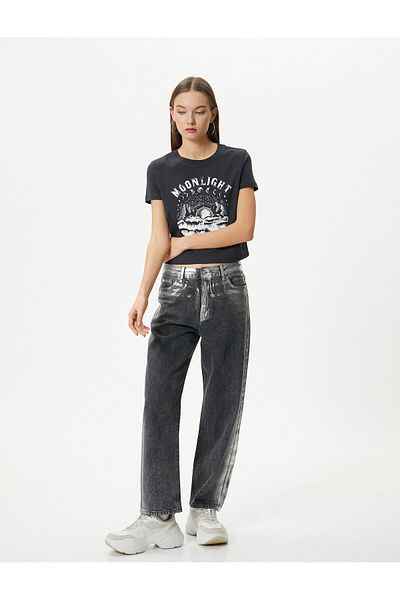 Koton Printed Crop T-Shirt Short Sleeve Crew Neck Comfortable Fit
