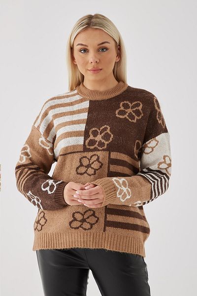 Fashion Friends Пуловер с шарки в цвят камила
