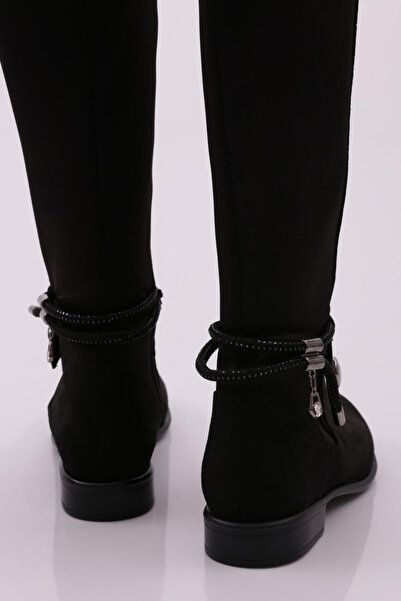 DGN Kadın Arkası Strech Yanı Fermuarlı Knee High Flats Çizme Siyah Süet 6162668