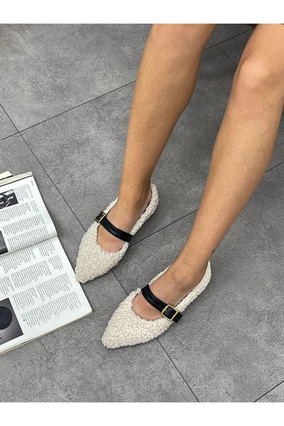 ERVANIN BUTİĞİ Zeta Ecru Plush Band Detailed Women's Teddy Ballerinas