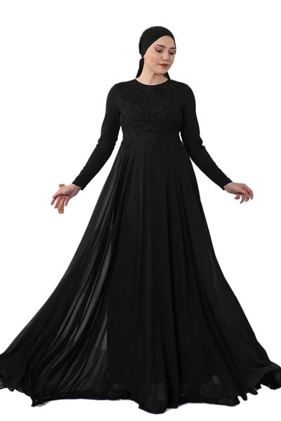 lodmela Embroidery Detailed Hijab Evening Dress 688-Black