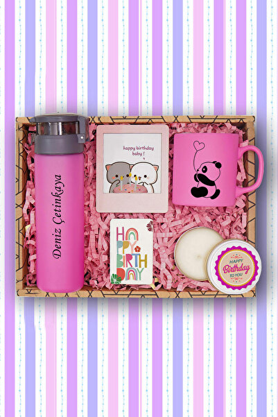 TrendHediye Doğum Günü Hediye Kutusu & Cam Suluk, Pembe Kupa, Mum , Çerçeve, ...