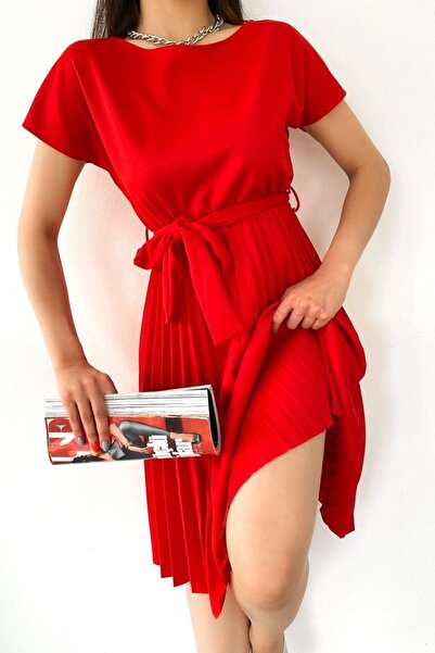 Mossta Pleated Belted Crepe Dress Red 582059