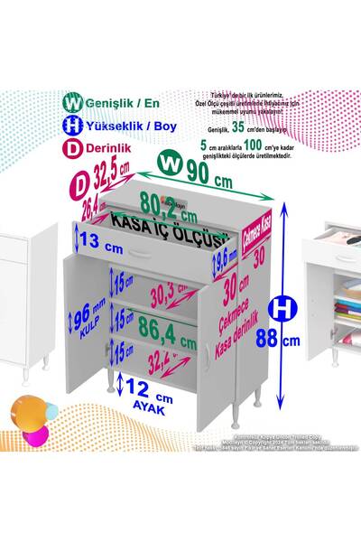 Modilayn EMİR 90 x 88 x 32,5 cm 1 Çekmece 2 Kapak 3 Raf 4 Bölme Çok Amaçlı Banyo & Mutfak Dolabı