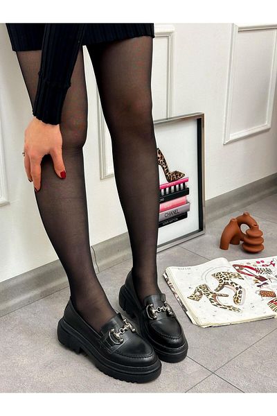 ERVANIN BUTİĞİ Black Patent Leather (MOSSIBLE) Silver Chain Detail Women's Loafer