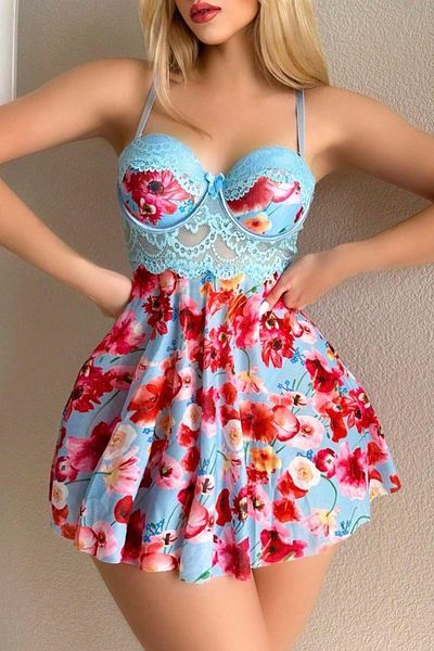 Qvien Secret Mini cămașă de noapte cu bretele florale, sexy, albastră, de noapte, 15628