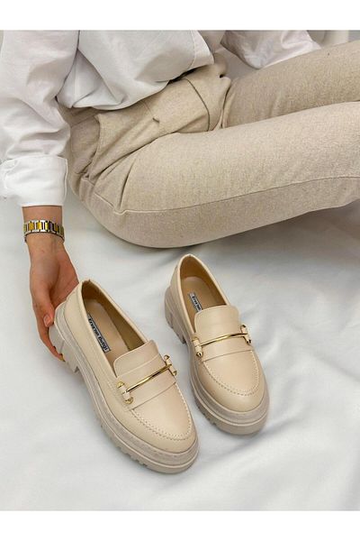 ERVANIN BUTİĞİ Beige Skin (Belt) Buckle Detail Women's Loafer