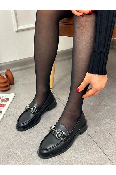 ERVANIN BUTİĞİ Black Skin (Fiona) Buckle Detail Orthopedic Sole Women's Loafer