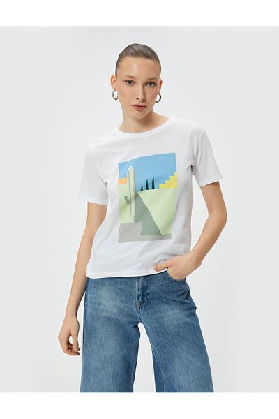 Koton Bedrucktes Baumwoll-T-Shirt mit Rundhalsausschnitt