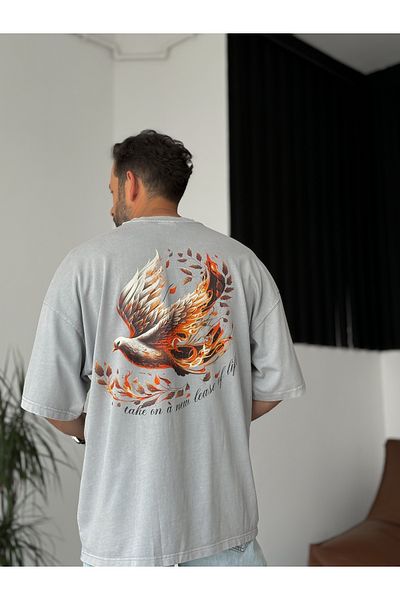 BYBASICMAN Gray Bird Printed Washable T-Shirt Res-4167
