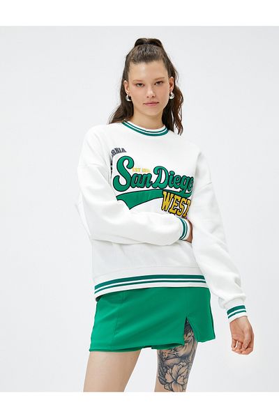 Koton Crew Neck Sweatshirt College Embroidered Ribbed