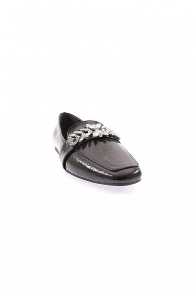 DGN Loafer de damă din piele lacuită neagră - cataramă cu piatră de cristal, design încrețit